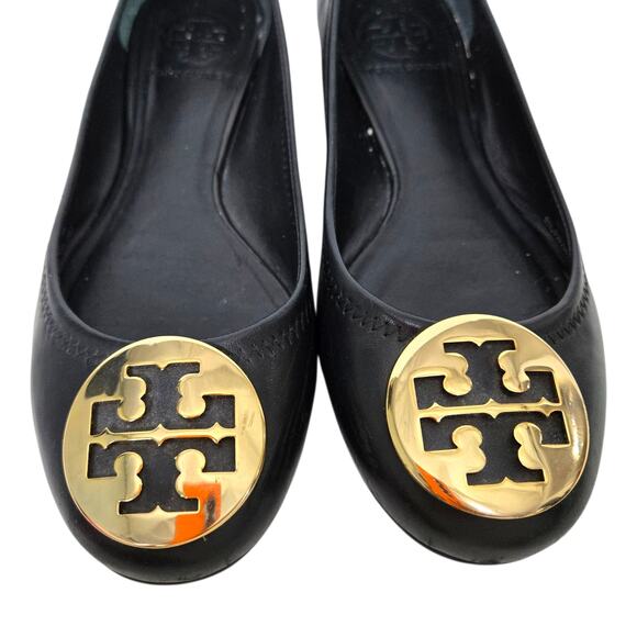 Tory Burch Reva Mestico Ballet Flats Black Leather Round Toe Logo Medallion 6 - Picture 11 of 16